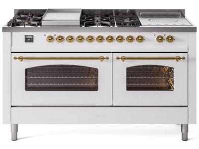 60" ILVE Nostalgie II Dual Fuel Liquid Propane Freestanding Range in White with Brass Trim - UP60FSNMP/WHG LP