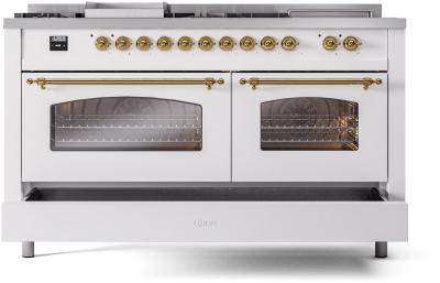 60" ILVE Nostalgie II Dual Fuel Liquid Propane Freestanding Range in White with Brass Trim - UP60FSNMP/WHG LP