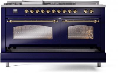 60" ILVE Nostalgie II Dual Fuel Liquid Propane Freestanding Range in Blue with Brass Trim - UP60FSNMP/MBG LP