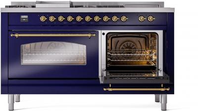 60" ILVE Nostalgie II Dual Fuel Liquid Propane Freestanding Range in Blue with Brass Trim - UP60FSNMP/MBG LP