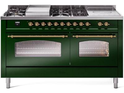 60" ILVE Nostalgie II Dual Fuel Liquid Propane Freestanding Range in Emerald Green with Brass Trim - UP60FSNMP/EGG LP