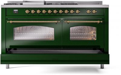 60" ILVE Nostalgie II Dual Fuel Liquid Propane Freestanding Range in Emerald Green with Brass Trim - UP60FSNMP/EGG LP