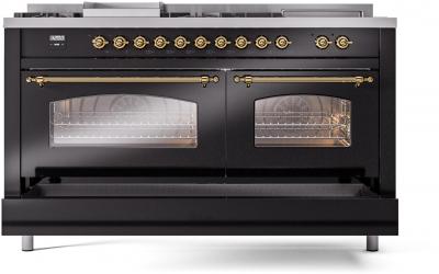 60" ILVE Nostalgie II Dual Fuel Liquid Propane Freestanding Range in Glossy Black with Brass Trim - UP60FSNMP/BKG LP