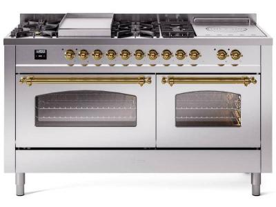 60" ILVE Nostalgie II Dual Fuel Liquid Propane Freestanding Range in Stainless Steel with Brass Trim - UP60FSNMP/SSG LP