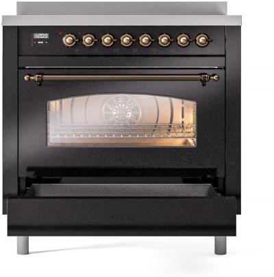 36" ILVE Nostalgie II Electric Freestanding Range in Glossy Black with Bronze Trim - UPI366NMP/BKB