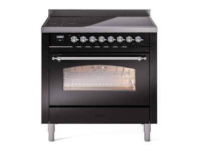 36" ILVE Nostalgie II Electric Freestanding Range in Glossy Black with Chrome Trim - UPI366NMP/BKC