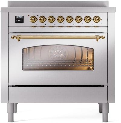 36" ILVE Nostalgie II Electric Freestanding Range in Stainless Steel with Brass Trim - UPI366NMP/SSG