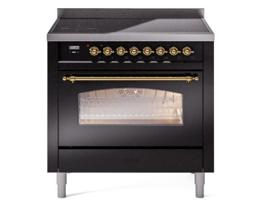 36" ILVE Nostalgie II Electric Freestanding Range in Glossy Black with Brass Trim - UPI366NMP/BKG