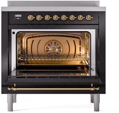 36" ILVE Nostalgie II Electric Freestanding Range in Glossy Black with Brass Trim - UPI366NMP/BKG