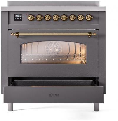 36" ILVE Nostalgie II Electric Freestanding Range in Matte Graphite with Brass Trim - MGG