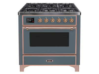 36" ILVE Majestic II Dual Fuel Natural Gas Freestanding Range in Blue Grey with Copper Trim - UM09FDNS3/BGP NG