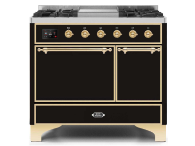 40" ILVE Majestic II Dual Fuel Liquid Propane Range with Brass Trim in Glossy Black - UMD10FDQNS3/BKG LP