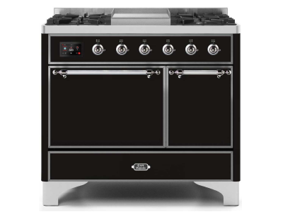 40" ILVE Majestic II Dual Fuel Freestanding Range with Chrome Trim in Glossy Black - UMD10FDQNS3/BKC LP