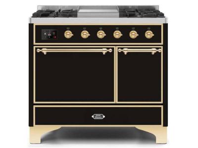 40" ILVE Majestic II Dual Fuel Natural Gas Range with Brass Trim in Glossy Black - UMD10FDQNS3/BKG NG