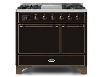 40" ILVE Majestic II Dual Fuel Natural Gas Freestanding Range with Bronze Trim in  Glossy Black - UMD10FDQNS3/BKB NG