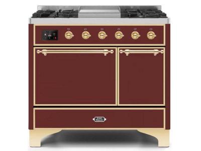 40" ILVE Majestic II Dual Fuel Natural Gas Range with Brass Trim in Burgundy - UMD10FDQNS3/BUG NG