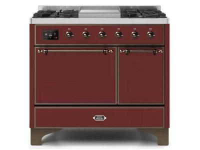40" ILVE Majestic II Dual Fuel Natural Gas Freestanding Range with Bronze Trim in Burgundy - UMD10FDQNS3/BUB NG
