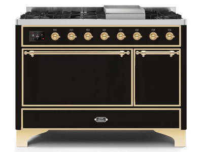 48" ILVE 5.02 Cu. Ft. Majestic II Dual Fuel Liquid Propane Freestanding Range in Glossy Black with Brass Trim - UM12FDQNS3/BKG LP