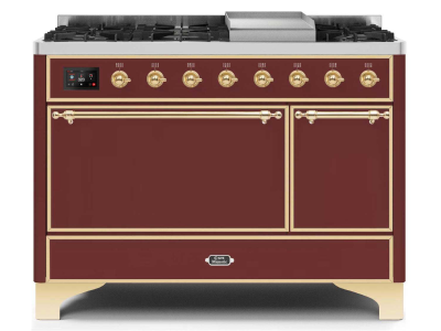 48" ILVE 5.02 Cu. Ft. Majestic II Dual Fuel Liquid Propane Freestanding Range in Burgundy with Brass Trim - UM12FDQNS3/BUG LP