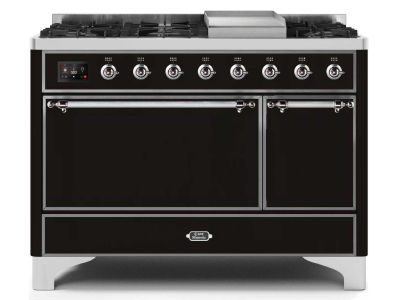 48" ILVE 5.02 Cu. Ft. Majestic II Dual Fuel Liquid Propane Freestanding Range in Glossy Black with Chrome Trim - UM12FDQNS3/BKC LP