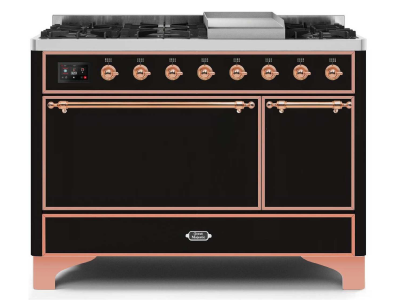 48" ILVE 5.02 Cu. Ft. Majestic II Dual Fuel Liquid Propane Freestanding Range in Glossy Black with Copper Trim - UM12FDQNS3/BKP LP