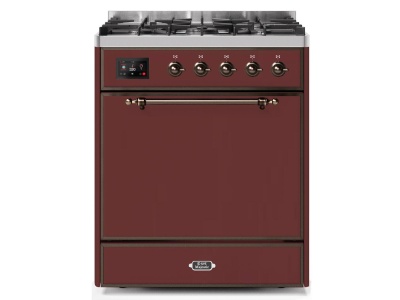 30" ILVE Majestic II Dual Fuel Freestanding Range in Burgundy with Bronze Trim - UM30DQNE3/BUB LP