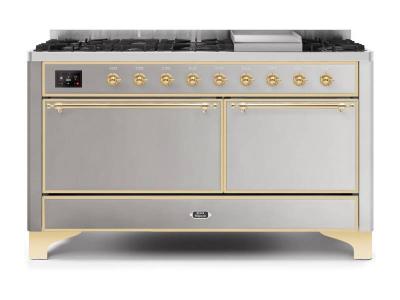 60" ILVE Majestic II Dual Fuel Liquid Propane Range with Brass Trim in Stainless Steel - UM15FDQNS3/SSG LP