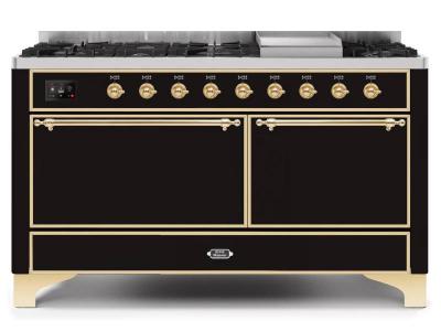 60" ILVE Majestic II Dual Fuel Liquid Propane Range with Brass Trim in Glossy Black - UM15FDQNS3/BKG LP