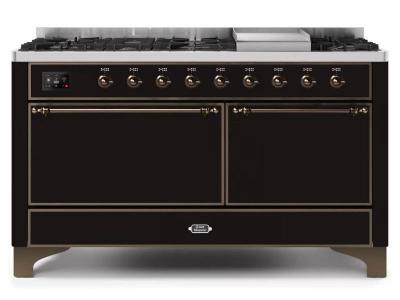 60" ILVE Majestic II Dual Fuel Liquid Propane Range in Glossy Black with Bronze Trim - UM15FDQNS3/BKB LP