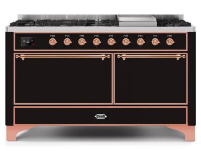 60" ILVE Majestic II Dual Fuel Liquid Propane Range with Copper Trim in Glossy Black - UM15FDQNS3/BKP LP