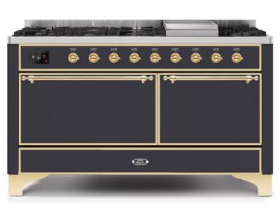 60" ILVE Majestic II Dual Fuel Liquid Propane Range with Brass Trim in Matte Graphite - UM15FDQNS3/MGG LP