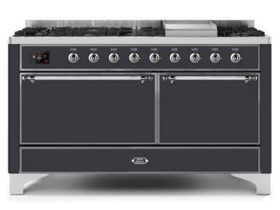 60" ILVE Majestic II Dual Fuel Liquid Propane Freestanding Range with Chrome Trim in Matte Graphite - UM15FDQNS3/MGC LP