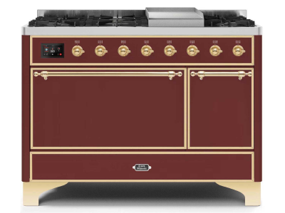 48" ILVE 5.02 Cu. Ft. Majestic II Dual Fuel Natural Gas Freestanding Range in Burgundy with Brass Trim - UM12FDQNS3/BUG NG