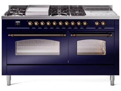 60" ILVE Nostalgie II Dual Fuel Natural Gas Freestanding Range in Blue with Bronze Trim - UP60FSNMP/MBB NG