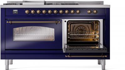 60" ILVE Nostalgie II Dual Fuel Natural Gas Freestanding Range in Blue with Bronze Trim - UP60FSNMP/MBB NG