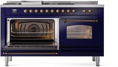 60" ILVE Nostalgie II Dual Fuel Natural Gas Freestanding Range in Blue with Bronze Trim - UP60FSNMP/MBB NG