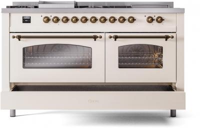 60" ILVE Nostalgie II Dual Fuel Natural Gas Freestanding Range in Antique White with Bronze Trim - UP60FSNMP/AWB NG