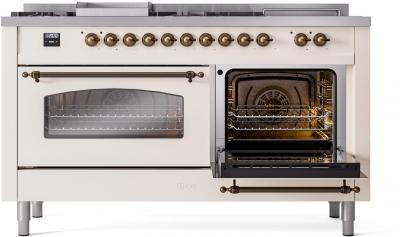 60" ILVE Nostalgie II Dual Fuel Natural Gas Freestanding Range in Antique White with Bronze Trim - UP60FSNMP/AWB NG