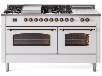 60" ILVE Nostalgie II Dual Fuel Natural Gas Freestanding Range in White with Bronze Trim - UP60FSNMP/WHB NG