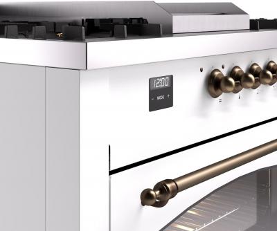 60" ILVE Nostalgie II Dual Fuel Natural Gas Freestanding Range in White with Bronze Trim - UP60FSNMP/WHB NG