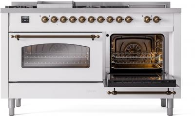 60" ILVE Nostalgie II Dual Fuel Natural Gas Freestanding Range in White with Bronze Trim - UP60FSNMP/WHB NG