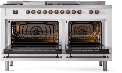 60" ILVE Nostalgie II Dual Fuel Natural Gas Freestanding Range in White with Bronze Trim - UP60FSNMP/WHB NG