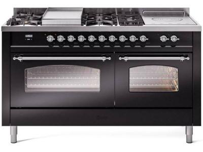 60" ILVE Nostalgie II Dual Fuel Natural Gas Freestanding Range in Glossy Black with Chrome Trim - UP60FSNMP/BKC NG