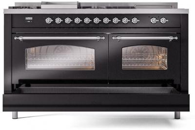 60" ILVE Nostalgie II Dual Fuel Natural Gas Freestanding Range in Glossy Black with Chrome Trim - UP60FSNMP/BKC NG