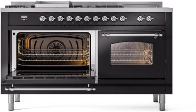 60" ILVE Nostalgie II Dual Fuel Natural Gas Freestanding Range in Glossy Black with Chrome Trim - UP60FSNMP/BKC NG
