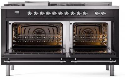 60" ILVE Nostalgie II Dual Fuel Natural Gas Freestanding Range in Glossy Black with Chrome Trim - UP60FSNMP/BKC NG