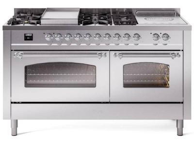 60" ILVE Nostalgie II Dual Fuel Natural Gas Freestanding Range in Stainless Steel with Chrome Trim - UP60FSNMP/SSC NG