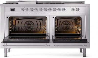 60" ILVE Nostalgie II Dual Fuel Natural Gas Freestanding Range in Stainless Steel with Chrome Trim - UP60FSNMP/SSC NG