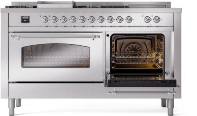 60" ILVE Nostalgie II Dual Fuel Natural Gas Freestanding Range in Stainless Steel with Chrome Trim - UP60FSNMP/SSC NG