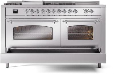 60" ILVE Nostalgie II Dual Fuel Natural Gas Freestanding Range in Stainless Steel with Chrome Trim - UP60FSNMP/SSC NG